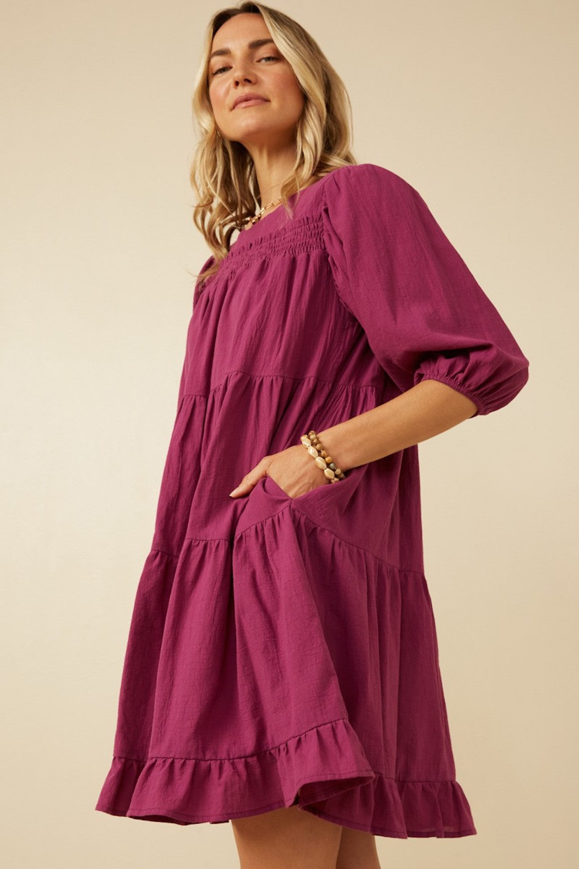 Lara Purple Smocking Detailed Tiered Dress