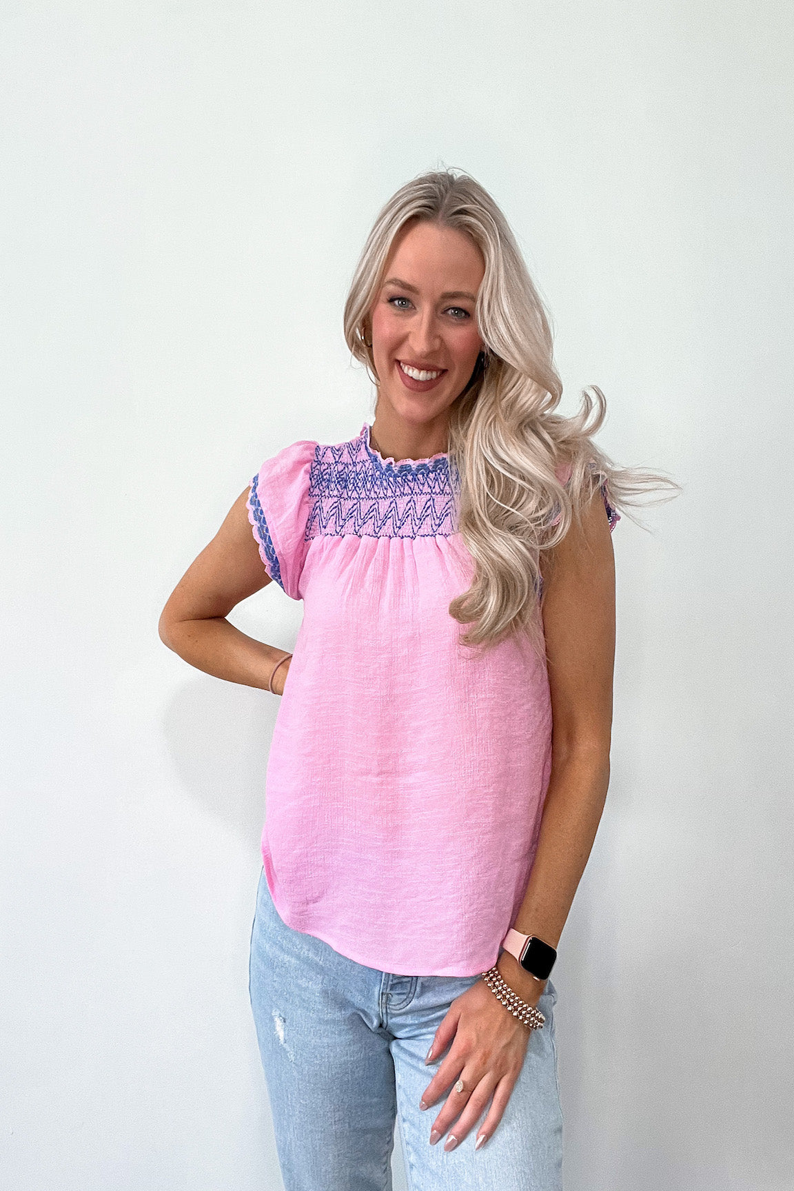 Brynlee Pink and Blue Woven Top