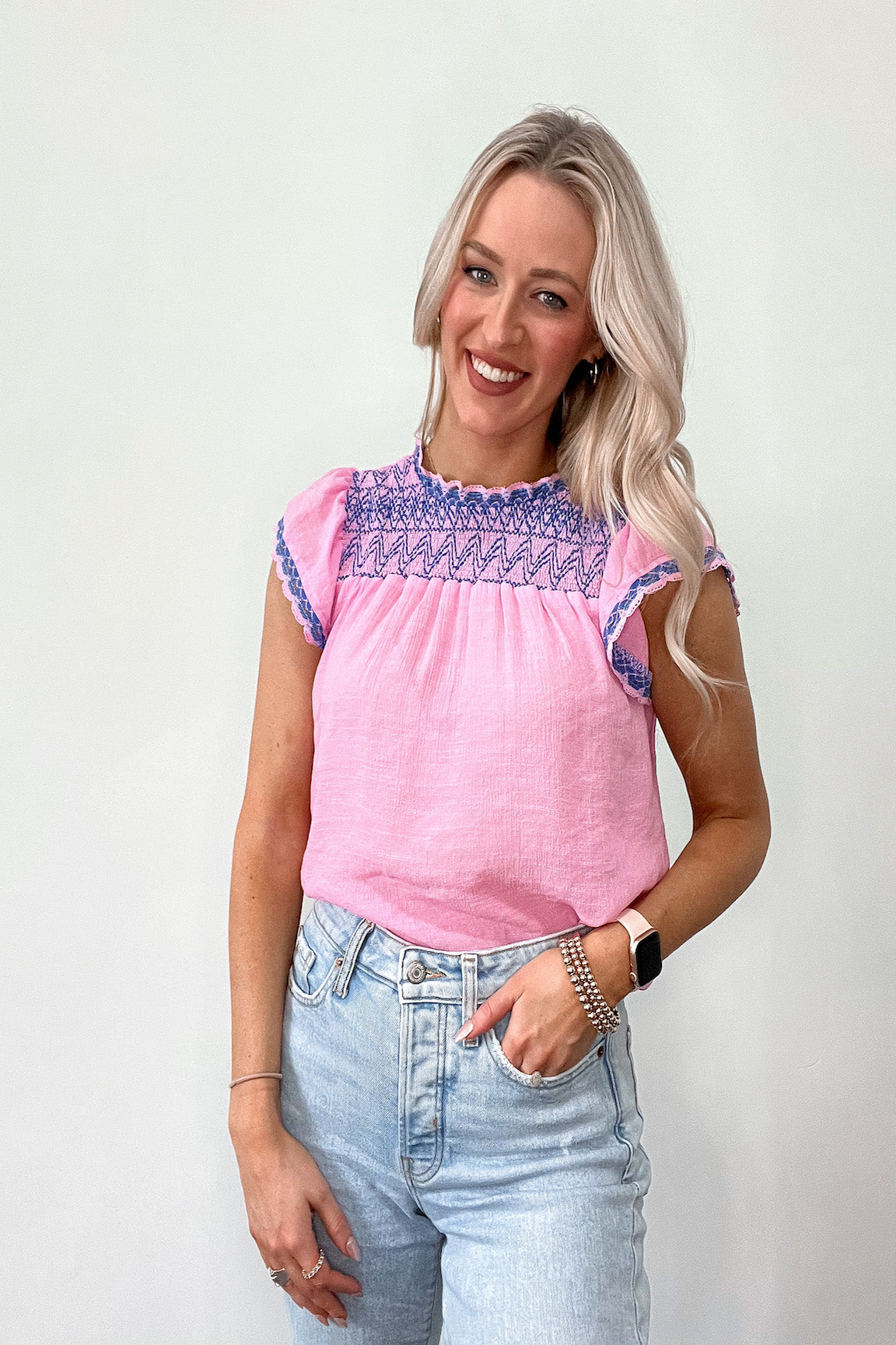 Brynlee Pink and Blue Woven Top