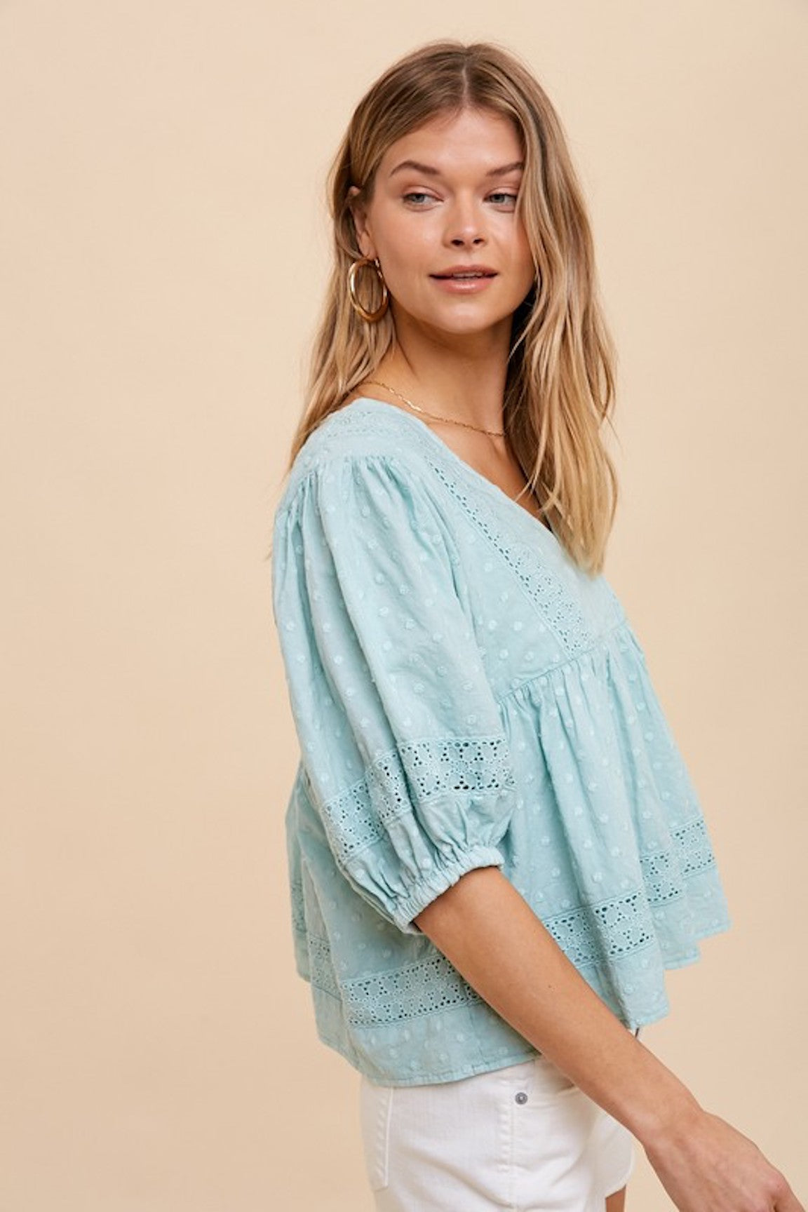 All Over Embroidered Sea foam Babydoll Top