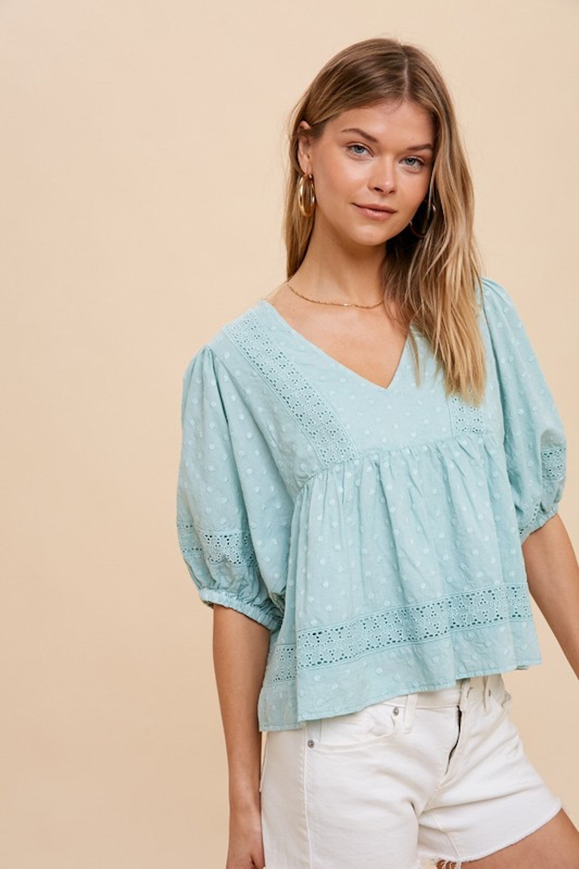 All Over Embroidered Sea foam Babydoll Top
