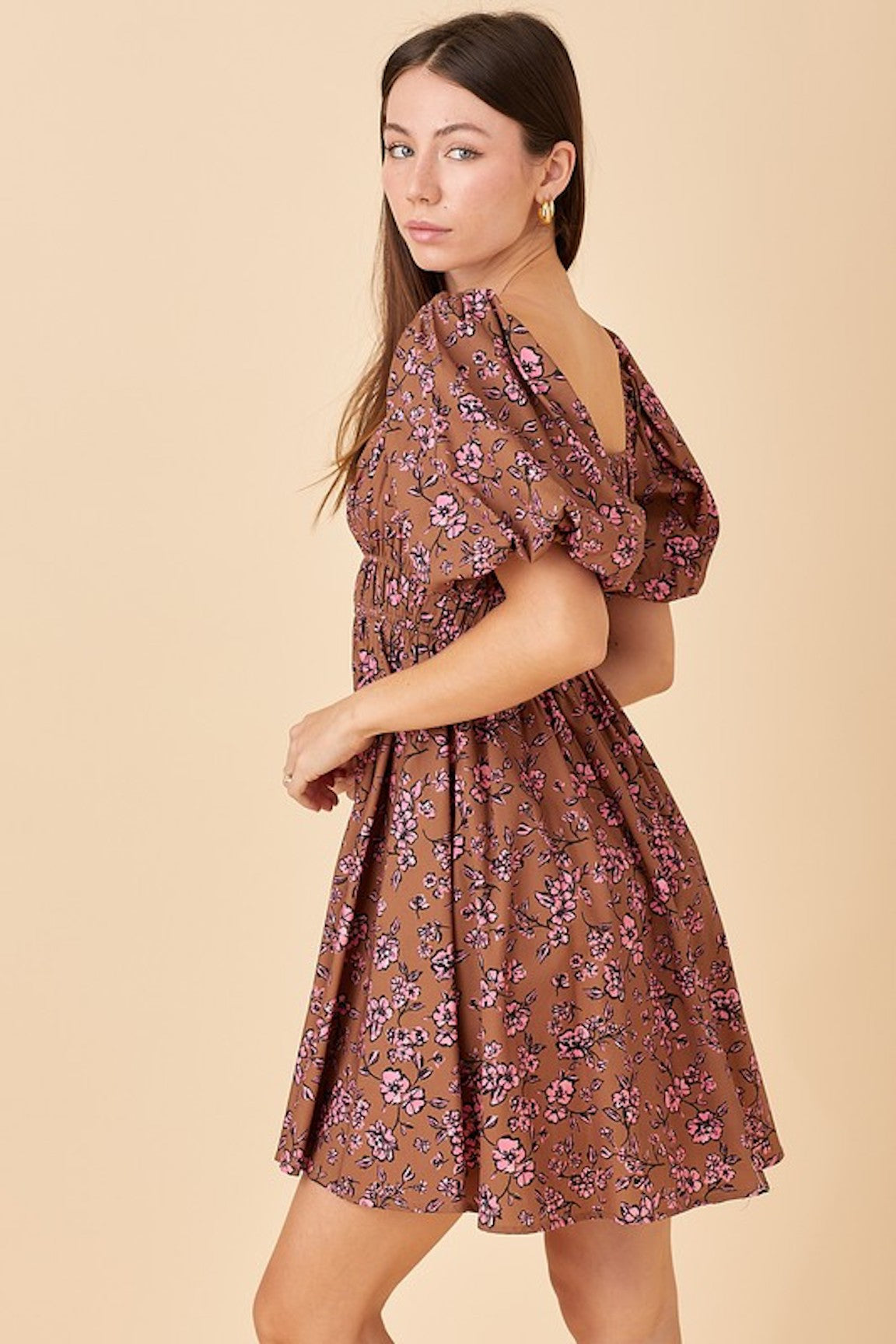 Clare Brown and Pink Floral Print Mini Dress