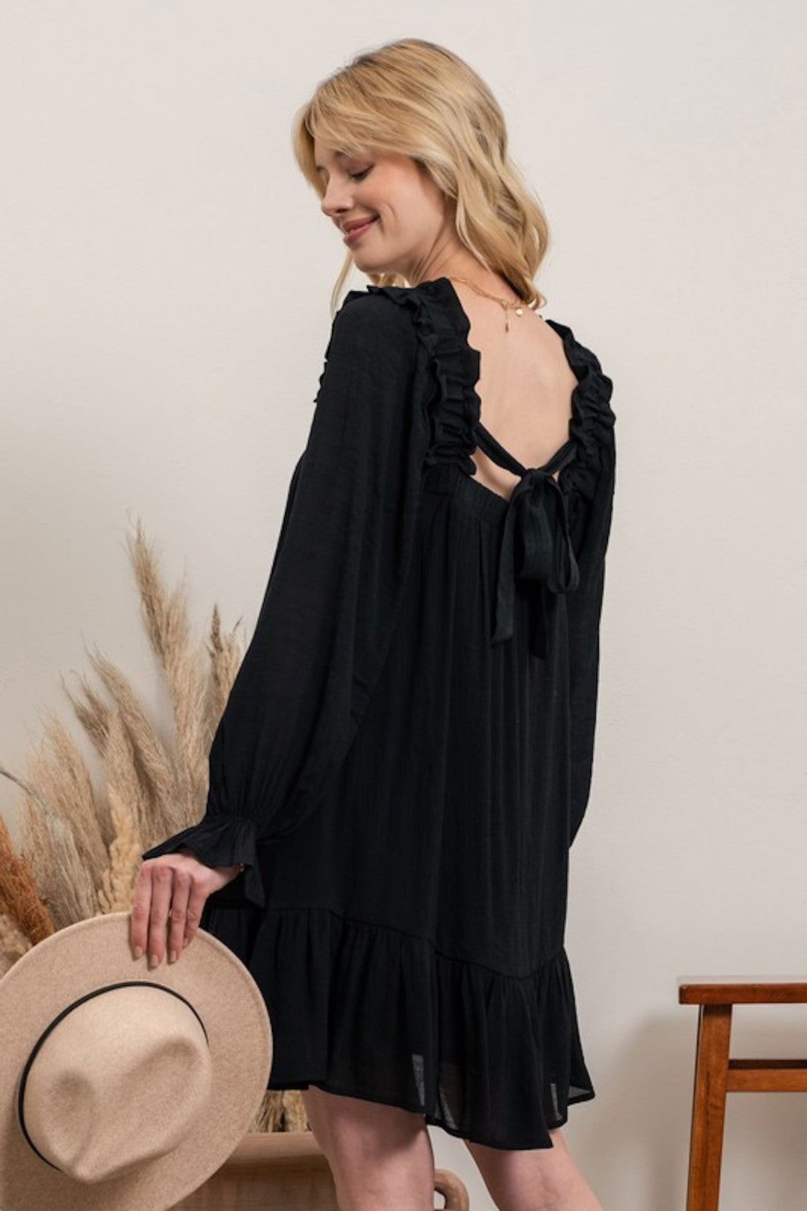 Raven Black Long Sleeve Ruffle Dress