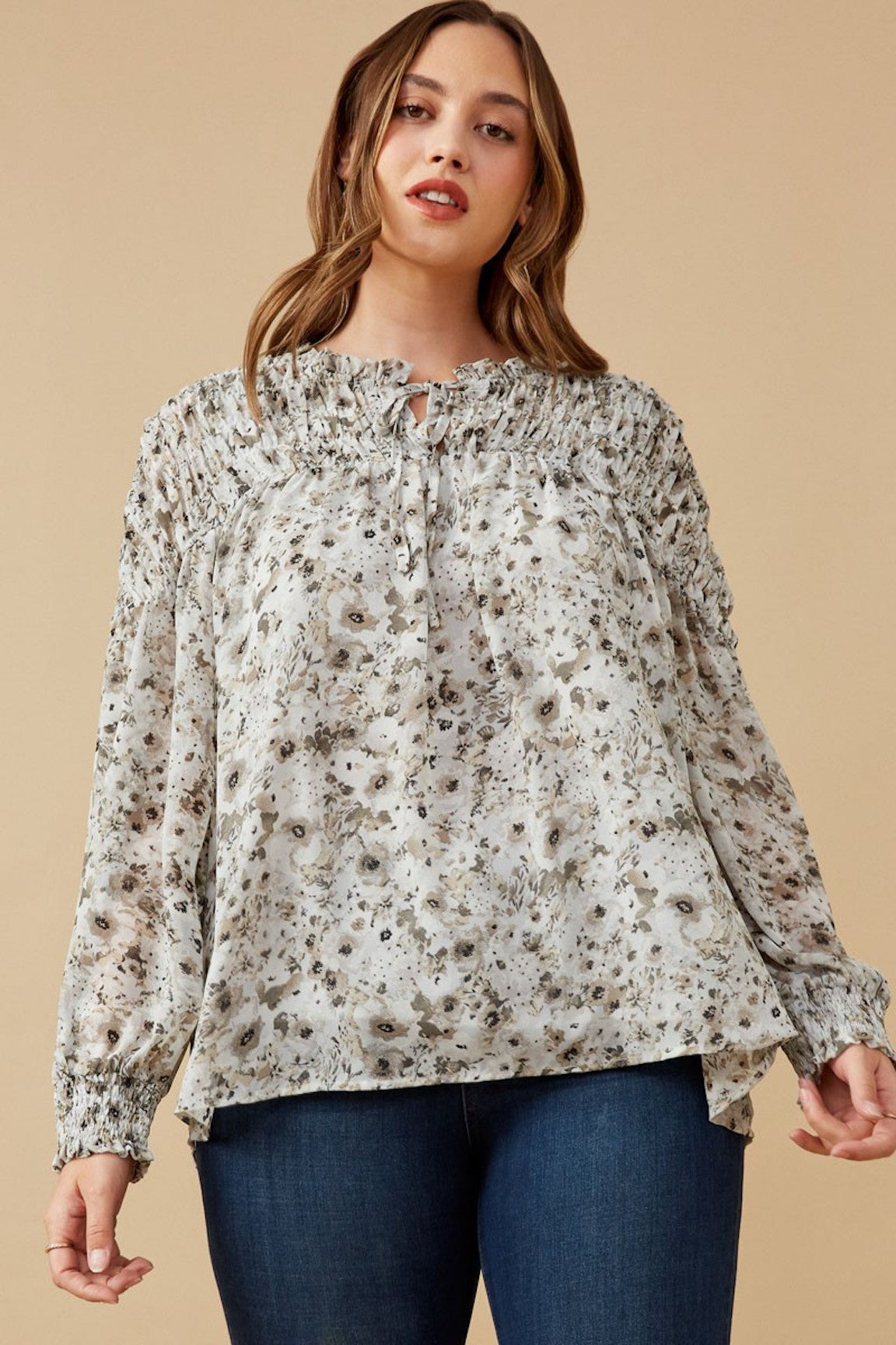 Toni Grey and White Floral Blouse - *CURVY*