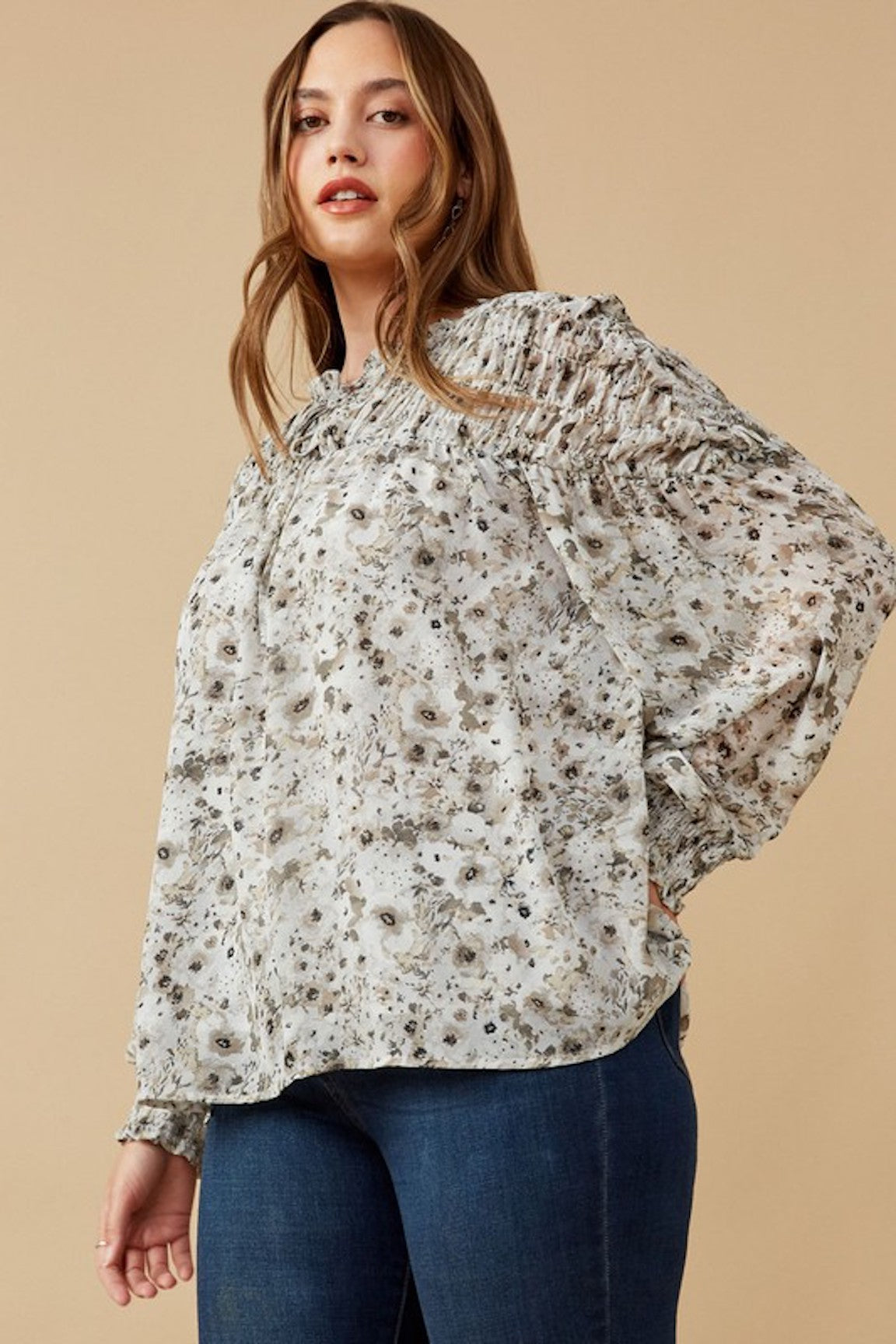 Toni Grey and White Floral Blouse - *CURVY*