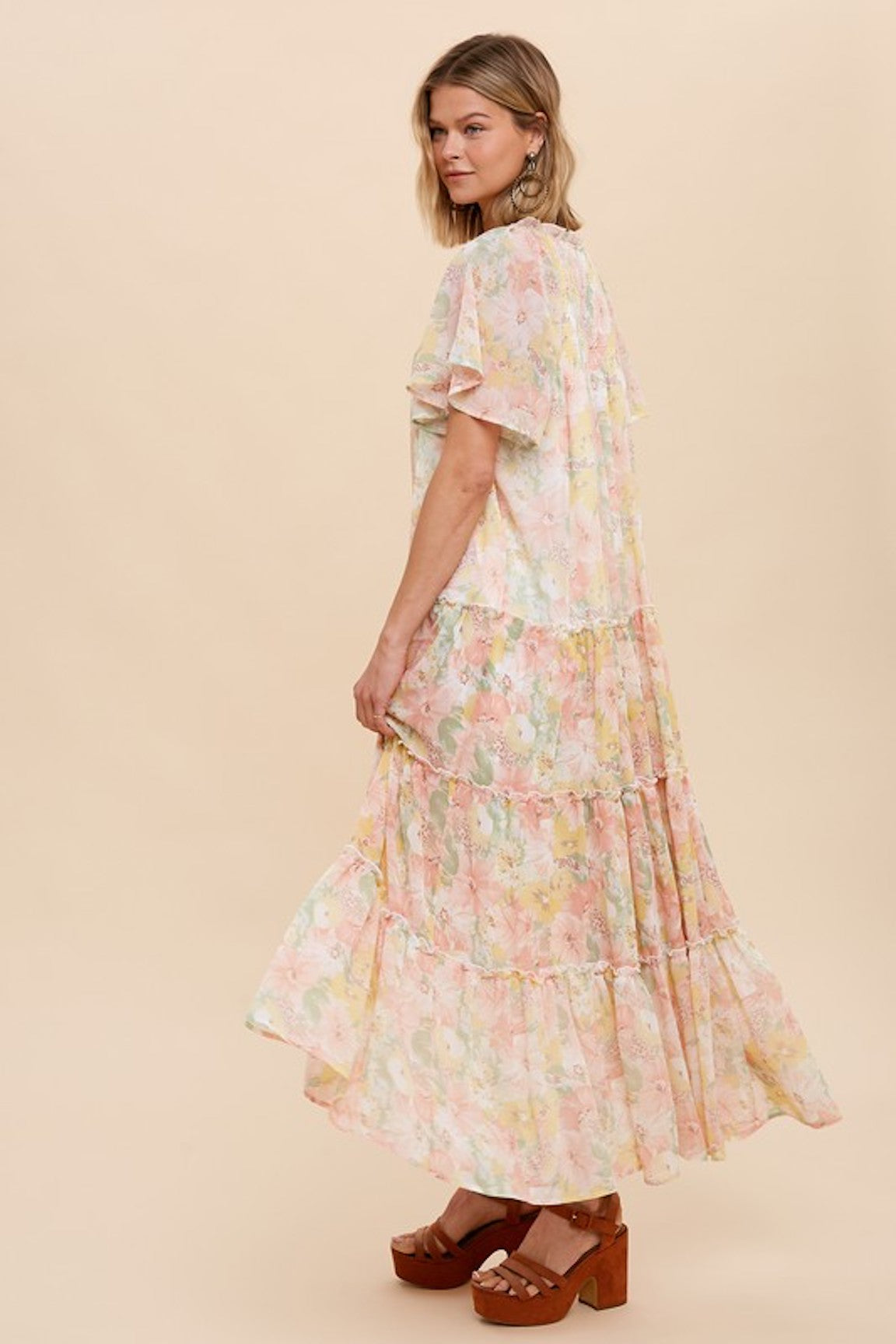 Kimberly Pink Floral Chiffon Tiered Maxi Dress
